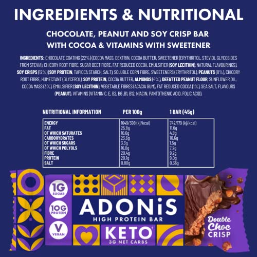 ADONiS Double Chocolate Crisp Keto High Protein Bars (16x45g) | Vegan and Keto-Friendly | Natural Keto Snacks | Sugar Free | Low Sugar, Low Carb Snack, Low Calorie | Ideal for a Ketogenic Diet