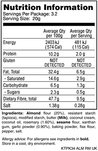 Keto Crackers (Rosemary & Garlic) Low carb Crackers, Keto Snacks, Low carb Snack. No Added Sugar, high Fibre & Gluten Free (3 x 64g Packs). Almond Flour Crackers, Keto Snacks no Carbs no Sugar, Paleo