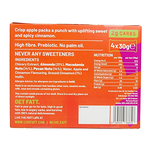 Fatt Keto Nut Bars - (Apple & Cinnamon, 4 Pack) - 2g Carbs - 100% Natural, Low-Carb, Gluten Free Clean Keto Snack Bars with Super Fats - High Fibre, Low Sugar, Sweetener Free & Vegan - Aka Fattbar