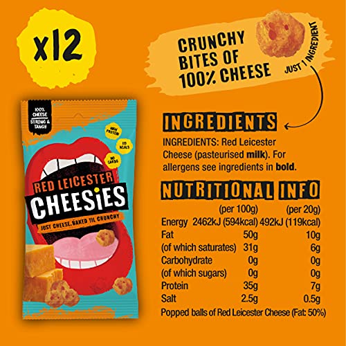 CHEESIES | Crunchy Cheese Keto Snack | Red Leicester | 100% Cheese | Sugar Free, Gluten Free, No Carb | High Protein and Vegetarian | Crunchy, Baked and Tasty | Multipack | 12 x 20g Bags