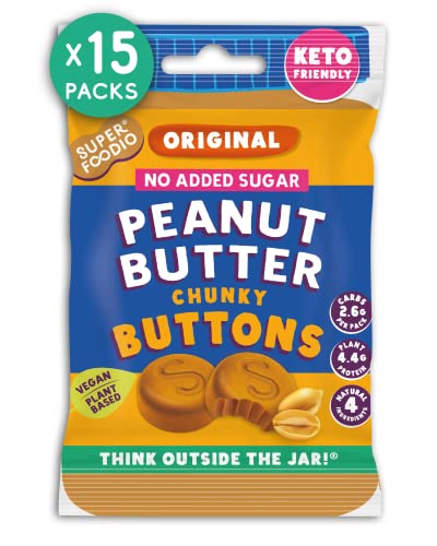 SUPERFOODIO Peanut Butter Buttons | 20g x 15 No Added Sugar Original (Keto friendly) packs | Low Carb & Keto Snack | Vegan | All-Natural Ingredients | Protein | No Added Sugar (20g x 15 Packs)