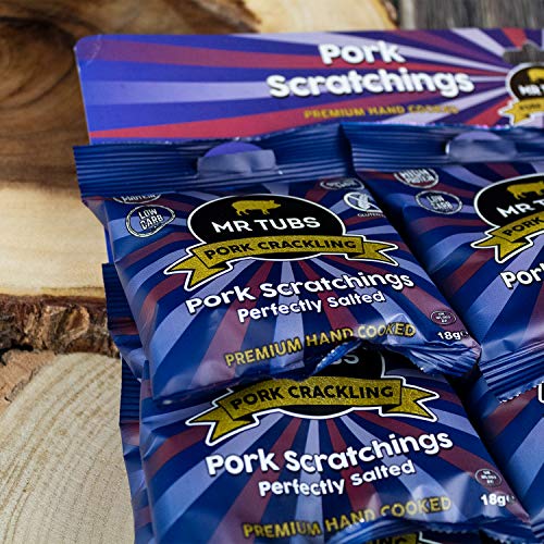 Mr Tubs Premium Pork Scratchings - Gluten Free - Perfectly Salted, 20 x 18g Bags - Pub Style, Low Carb, Keto & Paleo Friendly, Hand Cooked Pork Rind Crackling Snack