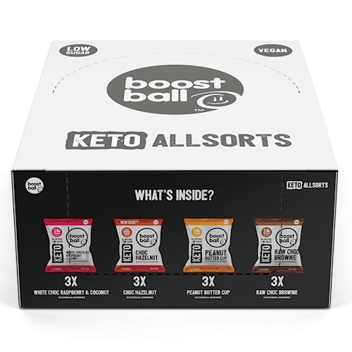 Boostballs Keto Snacks, 12 Pack Mixed Variety Bites, Low Carb & Sugar, Vegan, Gluten Free, 100% Natural, 4 Flavours Pack of 12 x 40g