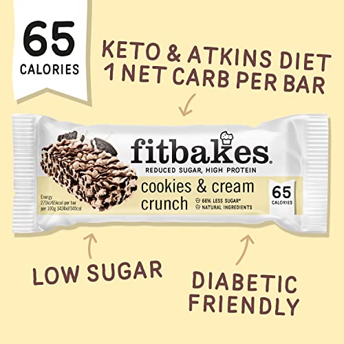 Fitbakes : 65 Calories Cookies & Cream Mini Bars (12x19g) Diabetic Chocolate Keto Snacks, 1 Net Carb, Low Carb Snacks, Low Calorie Snack for Weight Loss, Sugar Free Sweet Cake Biscuit, Fit Bake