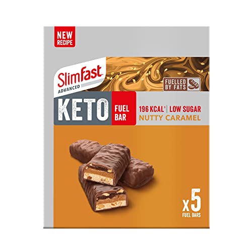SlimFast Advanced Keto Fuel Bar, Low Sugar Bar for Keto Lifestyle with Chocolate Coating, Nutty Caramel, Multipack, 46 g, 5 Count (Pack of 1)