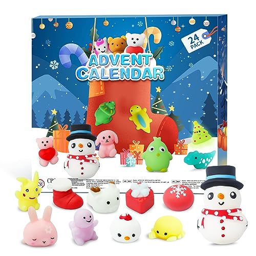 Mochi Squishy Advent Calendar 2023, Kawaii Animals 24pcs Christmas Countdown Calendar Cute Reusable Stress Reliever for Stocking Fillers Birthday Surprised Boys Girls