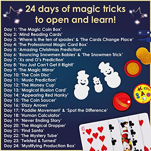 WOW Magic Advent Calendar 2022 - Includes 24 Kids Surprise Magic Tricks, Trick Storage Bag + Full Colour Instruction Guide Book - Childrens Christmas Advent Calendars For Boys or Girls