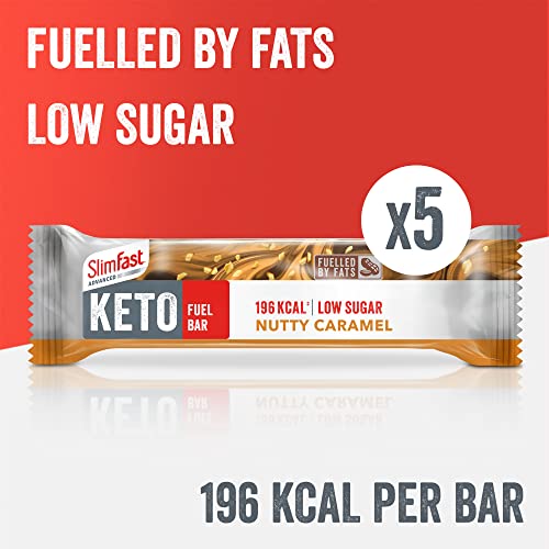 SlimFast Advanced Keto Fuel Bar, Low Sugar Bar for Keto Lifestyle with Chocolate Coating, Nutty Caramel, Multipack, 46 g, 5 Count (Pack of 1)