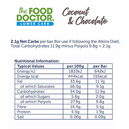 The Food Doctor Chocolate Bar, Keto Snacks, Low Carb, Low Sugar Chocolate Coconut Snack Bar, Multipack of 15
