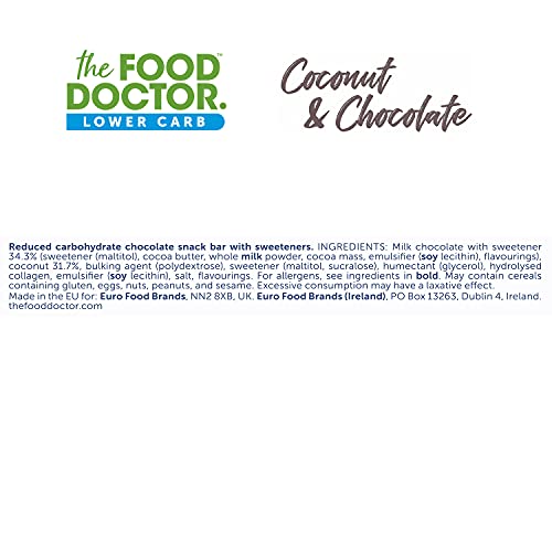 The Food Doctor Chocolate Bar, Keto Snacks, Low Carb, Low Sugar Chocolate Coconut Snack Bar, Multipack of 15