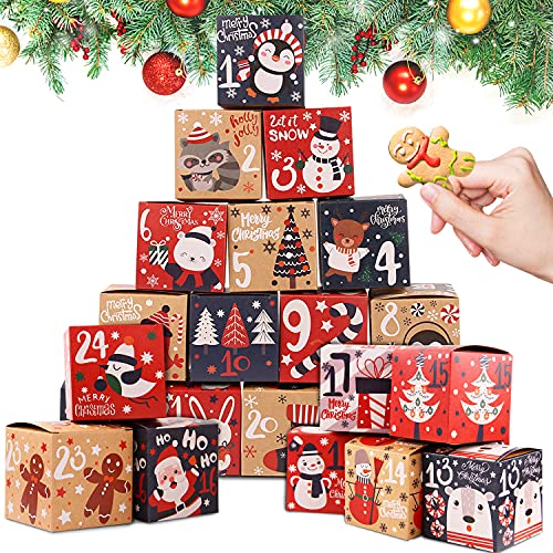 LOKIPA Christmas Advent Calendar Boxes, 24 Kraft Paper Advent Gift Boxes, Christmas Advent Calendars Countdown Boxes for Kids and Family