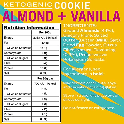 Fatt Keto Cookies - Almond & Vanilla - 12 x 30g - 1.5g Carbs - 100% Natural Snacks - Low Carb, Low Sugar, High Prebiotic Fibre & Sweetener Free - FattBar