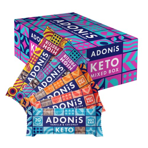Adonis Mixed Box With 5 Flavours | High Protein & Nut Keto Bars (20 Bars) | Vegan/Keto-Friendly | Natural Keto Snacks | Sugar Free, Palm Oil Free | Low Sugar & Low Carb | Ideal for a Keto Diet