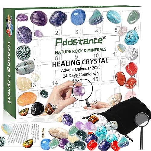 Crystal Advent Calendar 2023, 24 Days Christmas Countdown Natural Ore Toys Collection Kit for Xmas Home Garden Decoration, Novelty Surprise Gift Box with Explanation Card PU Storage Bag Magnifiers