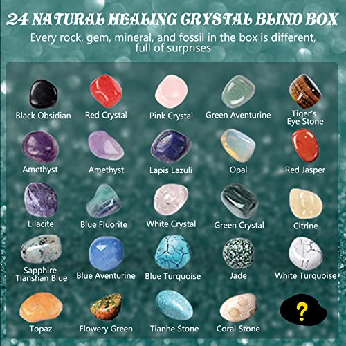 Crystal Advent Calendar 2023, 24 Days Christmas Countdown Natural Ore Toys Collection Kit for Xmas Home Garden Decoration, Novelty Surprise Gift Box with Explanation Card PU Storage Bag Magnifiers