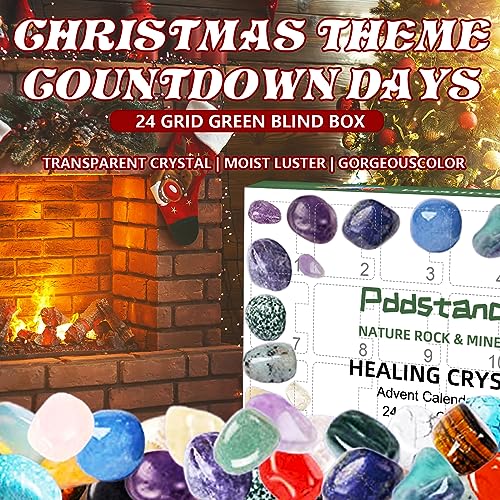 Crystal Advent Calendar 2023, 24 Days Christmas Countdown Natural Ore Toys Collection Kit for Xmas Home Garden Decoration, Novelty Surprise Gift Box with Explanation Card PU Storage Bag Magnifiers