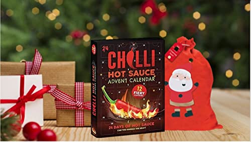 24 Days Christmas Advent Calendar Hot Sauce for Chilli Lovers in Festive Felt Santa Sack - Spice your way with Exotic Hot Fiery Flavours - For Men, Women - Gifts for Him and Her
