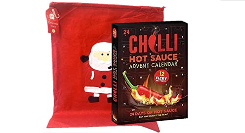 24 Days Christmas Advent Calendar Hot Sauce for Chilli Lovers in Festive Felt Santa Sack - Spice your way with Exotic Hot Fiery Flavours - For Men, Women - Gifts for Him and Her