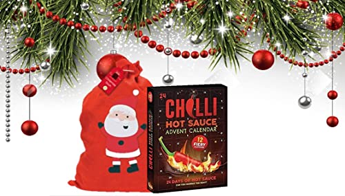 24 Days Christmas Advent Calendar Hot Sauce for Chilli Lovers in Festive Felt Santa Sack - Spice your way with Exotic Hot Fiery Flavours - For Men, Women - Gifts for Him and Her