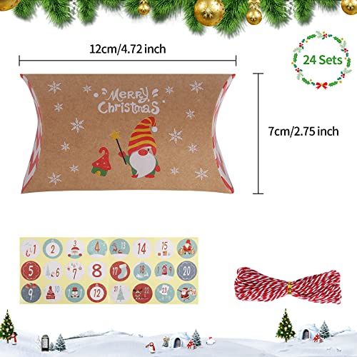 24 Pieces Advent Calendar Boxes to Fill Yourself DIY Empty Christmas Pillow Box with Advent Calendar Stickers Rope Kraft Paper Gift Box Pack Boxes Candy Christmas Decoration for Candy Jewellery