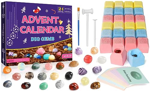 RAMXCION Gemstone Dig Kit, Crystals Advent Calendar 2023,Dig up 24 Real Gems,24 Days Natural Crystal Christmas Countdown Calendar Educational Science Kits Gift for Kids Rock Collection Xmas Boys Girls