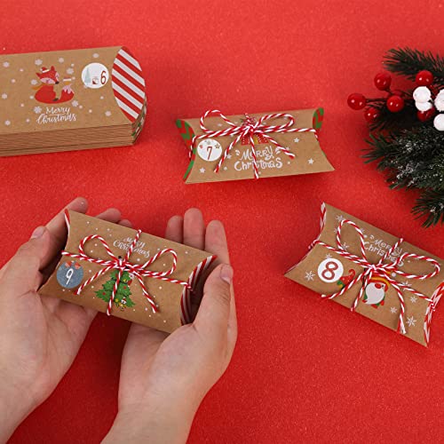 24 Pieces Advent Calendar Boxes to Fill Yourself DIY Empty Christmas Pillow Box with Advent Calendar Stickers Rope Kraft Paper Gift Box Pack Boxes Candy Christmas Decoration for Candy Jewellery
