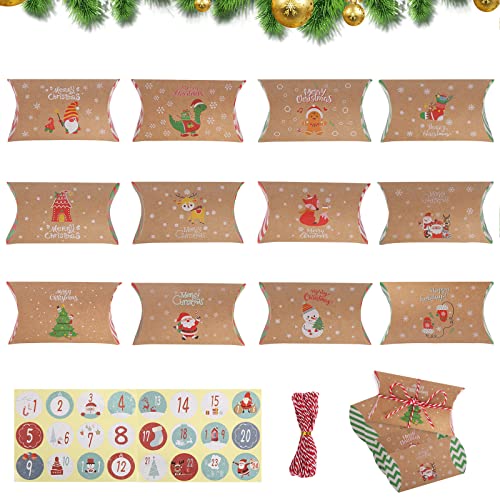 24 Pieces Advent Calendar Boxes to Fill Yourself DIY Empty Christmas Pillow Box with Advent Calendar Stickers Rope Kraft Paper Gift Box Pack Boxes Candy Christmas Decoration for Candy Jewellery