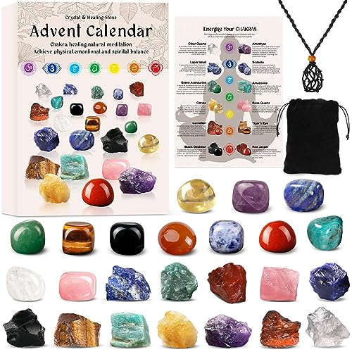 Advent Calendar 2023 Crystals and Gemstones - Christmas Countdown with 24 Beginners Chakra Stones & Identification Sheet - Perfect for Learning, Collecting, and Decor - Gifts for Kids Women