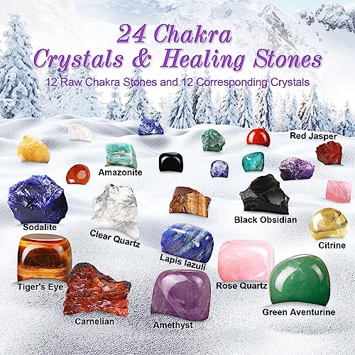 Advent Calendar 2023 Crystals and Gemstones - Christmas Countdown with 24 Beginners Chakra Stones & Identification Sheet - Perfect for Learning, Collecting, and Decor - Gifts for Kids Women
