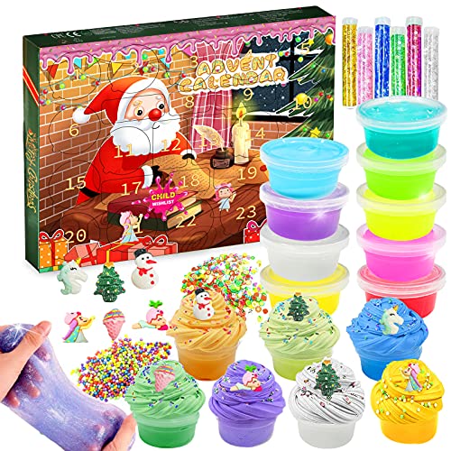 sudatong Advent Calendar 2023, DIY Slime Kids Christmas Advent Calendars 24 Days Countdown Advent Calendar with 16 Slime and 8 Accessories Christmas Surprises Gift with DIY Slime Kit for Boys Girls