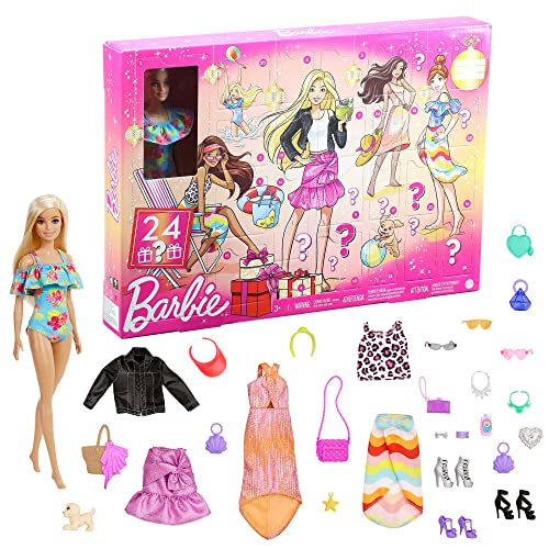 Barbie Advent Calendar with Barbie Doll (12-in/30.40-cm), 24 Surprises Including Day-to-Night Trendy Clothing & Accessories, Festive Holiday Themed Packaging for Kids 3 to 7 Years Old, GYN37