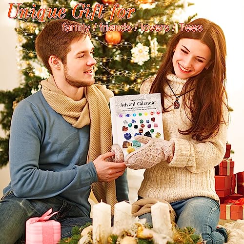 Advent Calendar 2023 Crystals and Gemstones - Christmas Countdown with 24 Beginners Chakra Stones & Identification Sheet - Perfect for Learning, Collecting, and Decor - Gifts for Kids Women