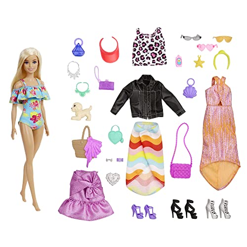 Barbie Advent Calendar with Barbie Doll (12-in/30.40-cm), 24 Surprises Including Day-to-Night Trendy Clothing & Accessories, Festive Holiday Themed Packaging for Kids 3 to 7 Years Old, GYN37