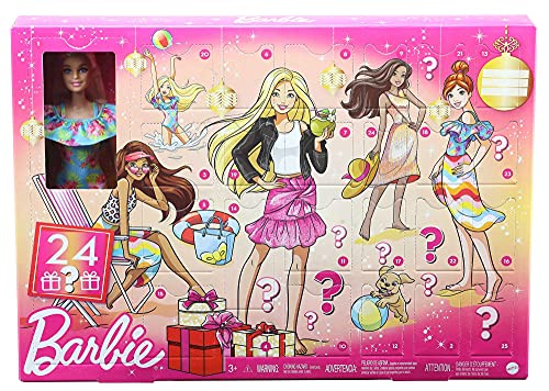 Barbie Advent Calendar with Barbie Doll (12-in/30.40-cm), 24 Surprises Including Day-to-Night Trendy Clothing & Accessories, Festive Holiday Themed Packaging for Kids 3 to 7 Years Old, GYN37