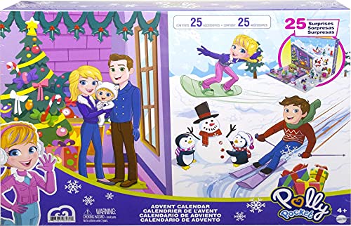 Polly Pocket Advent Calendar with Winter Family Fun Theme & 25 Days of Surprises (34 Total Play Pieces) to Discover: Pocket Family Dolls, Snow Play Vehicles, Toy Treats
