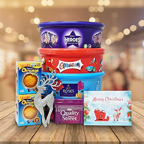 Christmas Chocolate Tubs - 5 Pack - Roses, Heroes, Quality Street, Celebrations and 1 Terry's Orange Chocolates + Topline Card