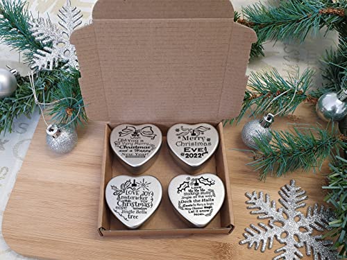 Luxury Christmas Eve 2022 Gift Set of 4 mini chocolate filled heart shaped tins in a small box for family, friends and Xmas Eve celebrations Great secret Santa gifts Xmas Decorative