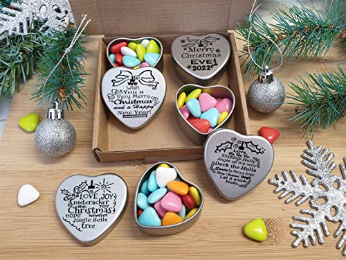 Luxury Christmas Eve 2022 Gift Set of 4 mini chocolate filled heart shaped tins in a small box for family, friends and Xmas Eve celebrations Great secret Santa gifts Xmas Decorative