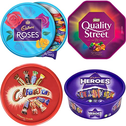 Chesavi products Christmas Chocolates Variety Tubs -Quality Street-Roses - Celebrations - Heroes - Ideal Gifts for Chocolate Lovers, 4 Piece Assortment