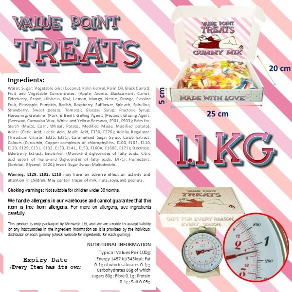 NEW! TREATS Pick and Mix Sweets Gift Box | Birthday Hampers for Women | Retro Party Sweets Selection | Get Well Soon Gifts | Resealable Bag of Bulk Sweets Fresh & Tasty Gummies-1KG