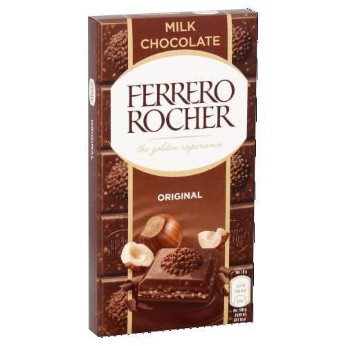 Ferrero Rocher Original Milk Chocolate Bars and Hazelnut, Party Food, Chocolate Hamper, Milk Chocolate with Crunchy Whole Hazelnut and Cocoa Filling, (90g)