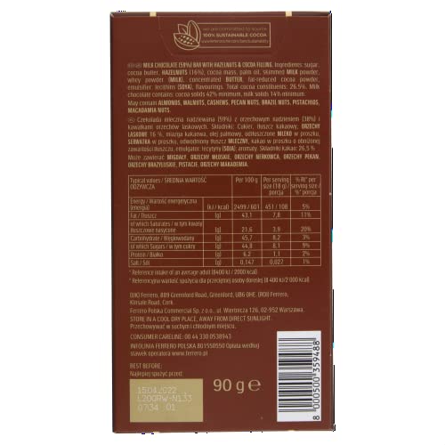 Ferrero Rocher Original Milk Chocolate Bars and Hazelnut, Party Food, Chocolate Hamper, Milk Chocolate with Crunchy Whole Hazelnut and Cocoa Filling, (90g)