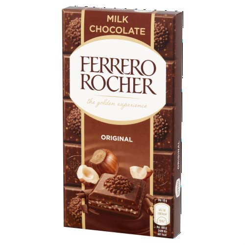 Ferrero Rocher Original Milk Chocolate Bars and Hazelnut, Party Food, Chocolate Hamper, Milk Chocolate with Crunchy Whole Hazelnut and Cocoa Filling, (90g)