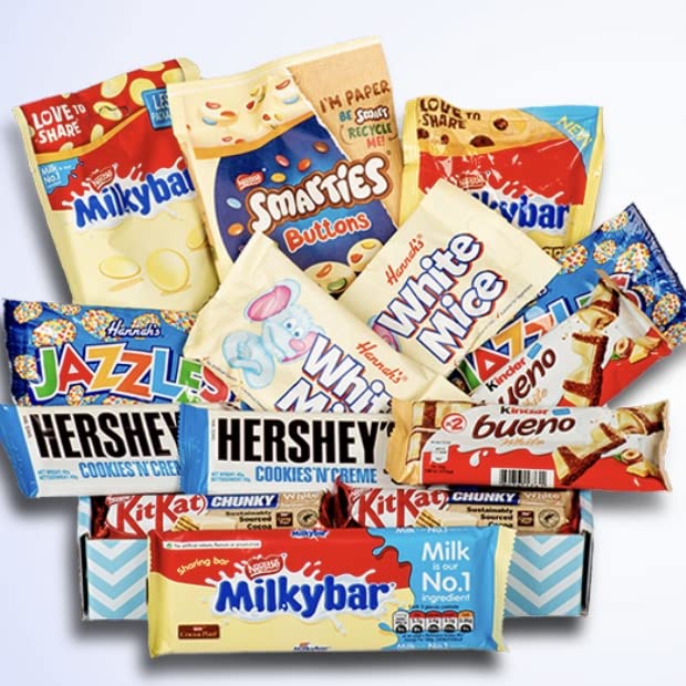 White Chocolate Hamper for White Chocolate Lovers. The Chocolate Box Gift, for All Those Chocolate Lovers. Milkybar, Bueno, Hershey’s, White Mice, Jazzles and More, Presented in A Luxury Gift Box.