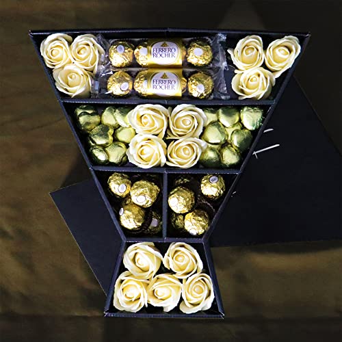 Ferrero Rocher Signature Chocolate Bouquet With Ivory Roses, Chocolate Foiled Hearts, Ferrero Rocher Truffles & More in a luxury Presentation Hamper Box