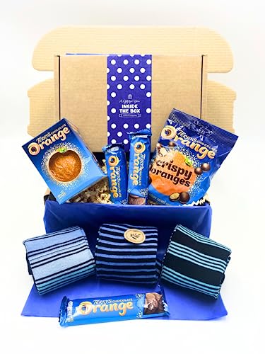 Terry's Orange Chocolate with Socks Gift Box for Men by Inside the Box Gifts - Gift Set for Men: Blue Striped Bamboo Socks and Tempting Terry's Chocolate Orange Treats