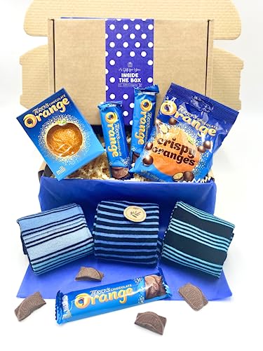 Terry's Orange Chocolate with Socks Gift Box for Men by Inside the Box Gifts - Gift Set for Men: Blue Striped Bamboo Socks and Tempting Terry's Chocolate Orange Treats