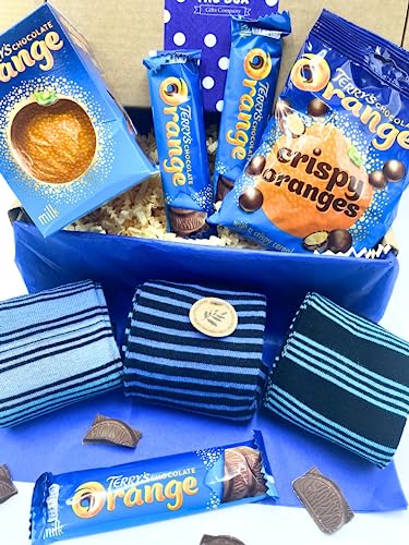 Terry's Orange Chocolate with Socks Gift Box for Men by Inside the Box Gifts - Gift Set for Men: Blue Striped Bamboo Socks and Tempting Terry's Chocolate Orange Treats