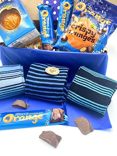 Terry's Orange Chocolate with Socks Gift Box for Men by Inside the Box Gifts - Gift Set for Men: Blue Striped Bamboo Socks and Tempting Terry's Chocolate Orange Treats