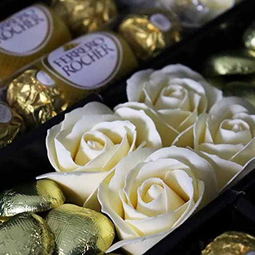 Ferrero Rocher Signature Chocolate Bouquet With Ivory Roses, Chocolate Foiled Hearts, Ferrero Rocher Truffles & More in a luxury Presentation Hamper Box